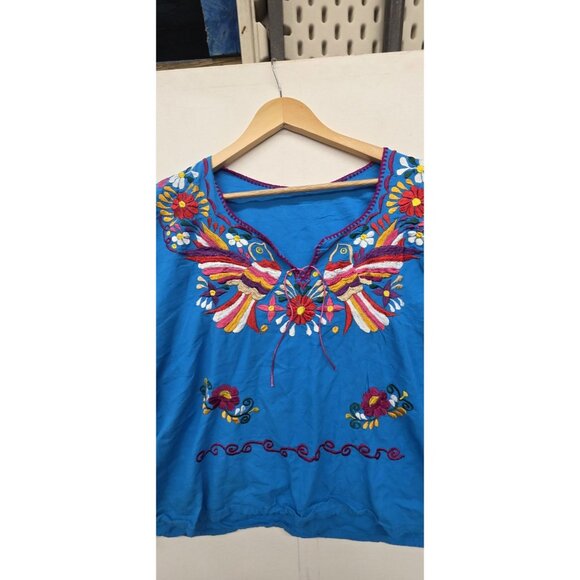 Mexican Bird embroidered handmade blouse Blue Flowers Frida Khalo Style LG - Picture 3 of 7